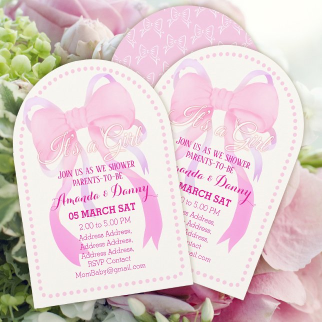 Rosa Ribbon Baby Shower Arch White Inbjudningar (Lovely Pink Ribbon Baby Girl Shower White Arch Card Design.)