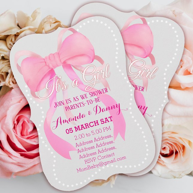 Rosa Ribbon Baby Shower Grått Julkort (Ribbon Baby Shower Invitation Card.)