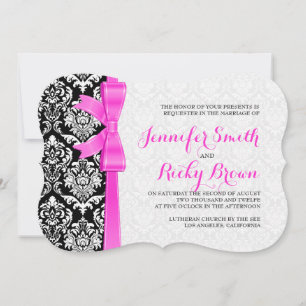 Rosa Ribbon Black and White Damasker Bröllop Inbjudningar