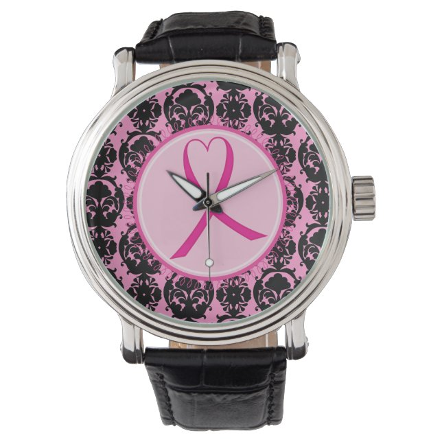 Rosa Ribbon Black Damask Breast Cancer Awareness Armbandsur (Framsida)
