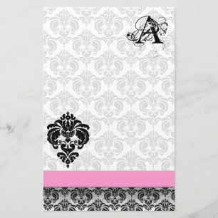 Rosa Ribbon Black Damask Monogram Återvunnet Pappe Brevpapper