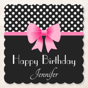 Rosa Ribbon Black & White Polka dots Birthday Underlägg Papper