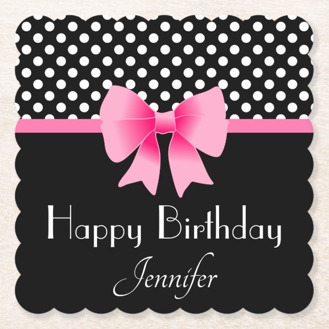 Rosa Ribbon Black & White Polka dots Birthday Underlägg Papper (Framsida)