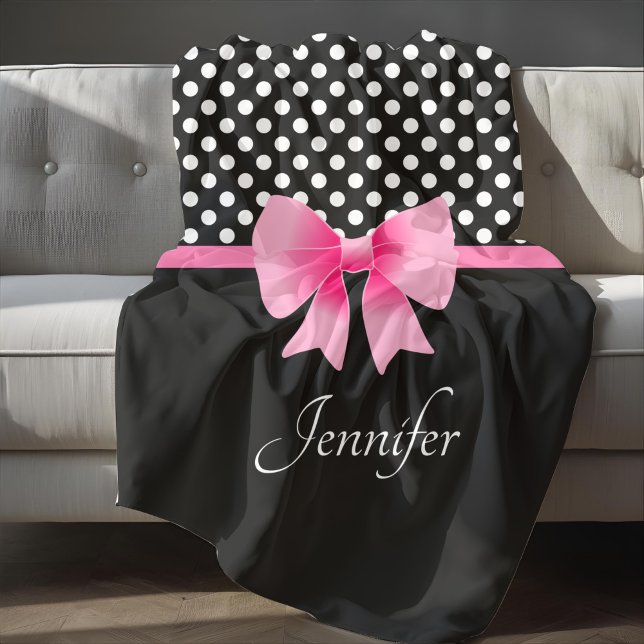 Rosa Ribbon Black & White Polka dots Namn Fleecefilt (Pink Ribbon Black & White Polka Dots Name Fleece Blanket)