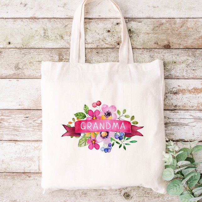 Rosa Ribbon Blommigt Grandma Monogram Tygkasse (Skapare uppladdad)
