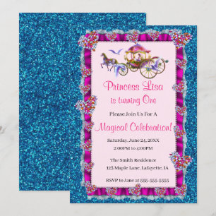 Rosa Ribbon Blue Glitter Royal Princess Birthday Inbjudningar