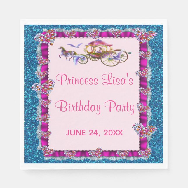 Rosa Ribbon Blue Glitter Royal Princess Birthday Pappersservett (Framsidan)