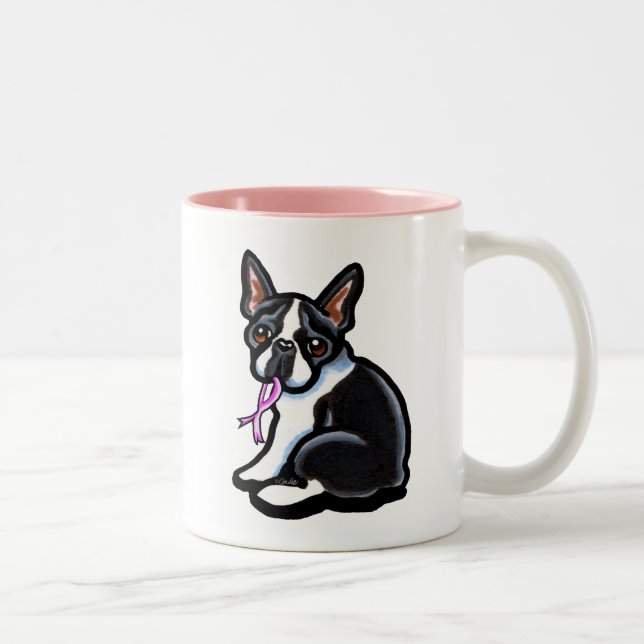 Rosa Ribbon Boston Terrier Två-Tonad Mugg (Höger)