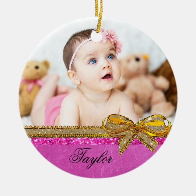 Rosa Ribbon & Bow Baby Photo Ornament Keepsaké (Framsidan)