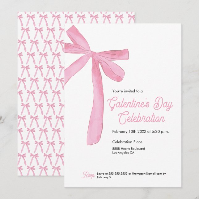 Rosa Ribbon Bow Girly modern Galentine's day Inbjudningar (Fram/baksida)