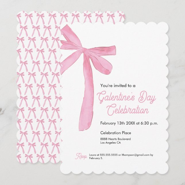 Rosa Ribbon Bow Girly modern Galentine's day Inbjudningar (Fram/baksida)