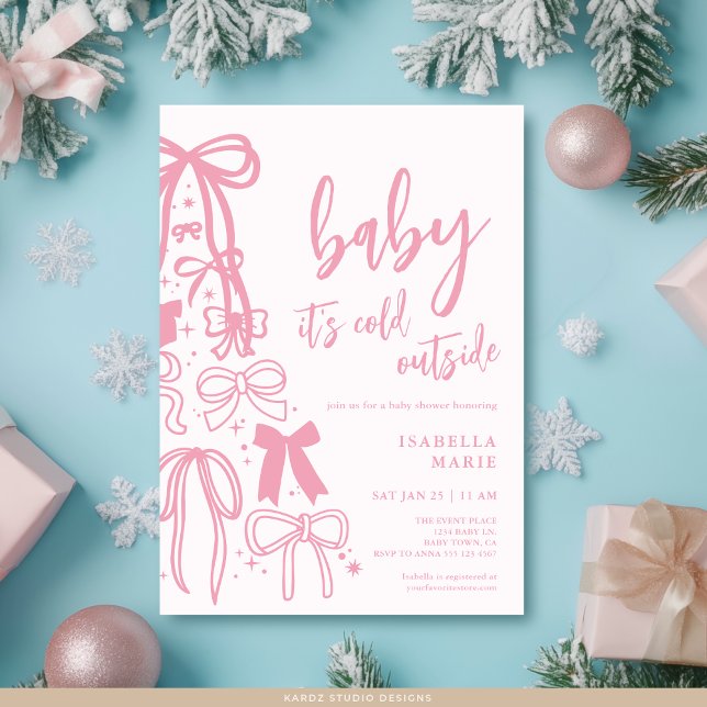 Rosa Ribbon Bows Baby sitt Kall utanför babydusche Inbjudningar (Front of invite in 5 x 7 inches with squared corners. Personalize and choose paper + corner style.)