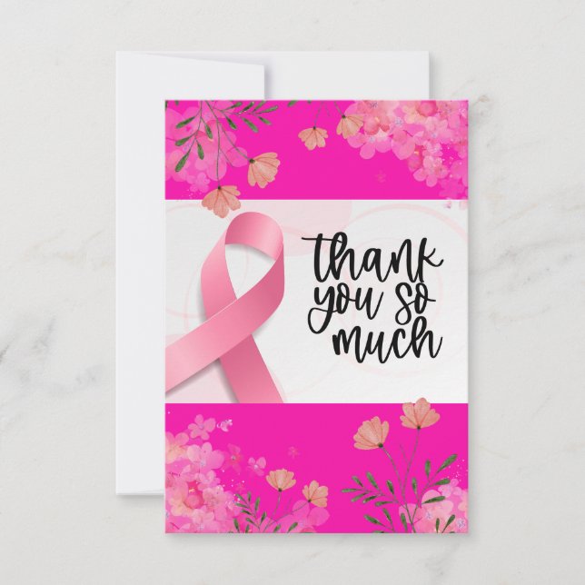 Rosa Ribbon Breast Cancer Awareness with Flowers Tack Kort (Framsida)