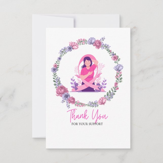 Rosa Ribbon Breast Cancer Awareness with Flowers Tack Kort (Framsida)