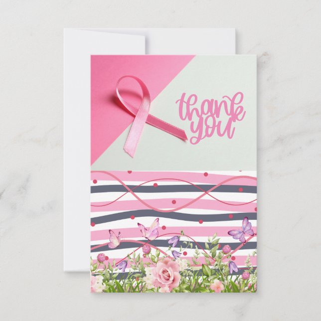 Rosa Ribbon Breast Cancer Awareness with Flowers Tack Kort (Framsida)