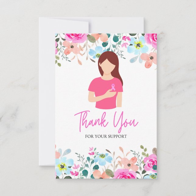 Rosa Ribbon Breast Cancer Awareness with Flowers Tack Kort (Framsida)