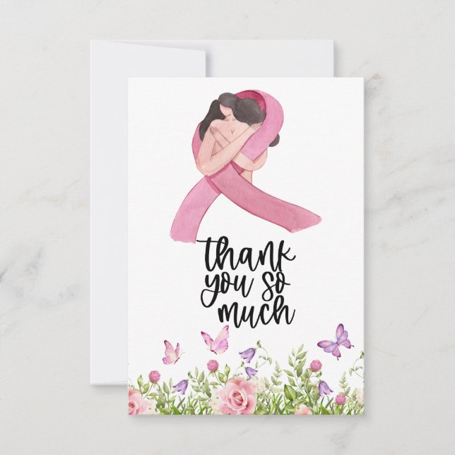 Rosa Ribbon Breast Cancer Awareness with Flowers Tack Kort (Framsida)