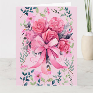 Rosa Ribbon Breast Cancer-medvetenhet med blommor Kort
