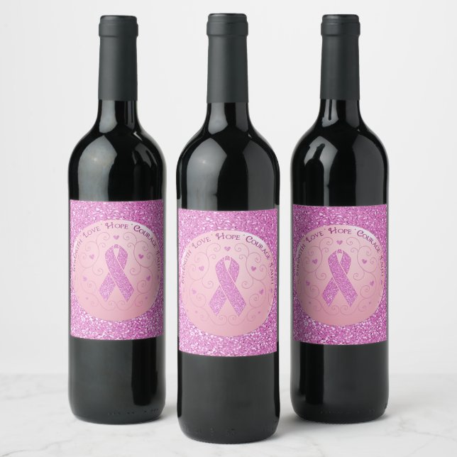 Rosa Ribbon Breast Cancer Vinflaska Etikett (Flaskor)