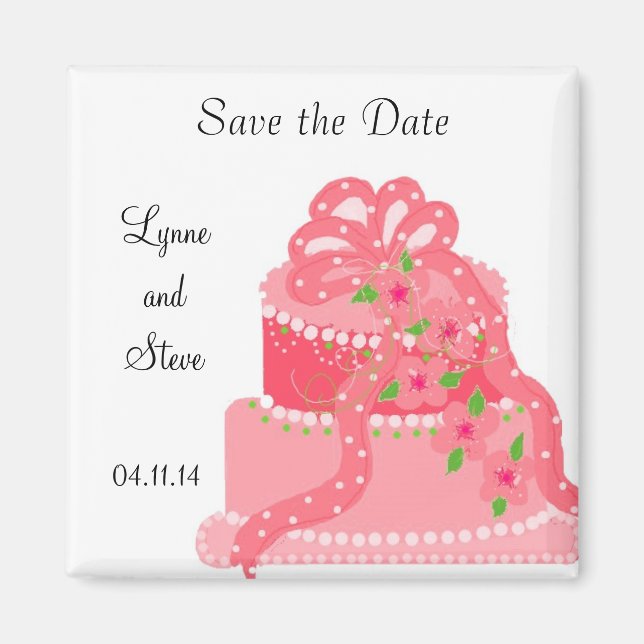 Rosa Ribbon Bröllop Cake Save Date (Spara datum) Magnet (Framsidan)