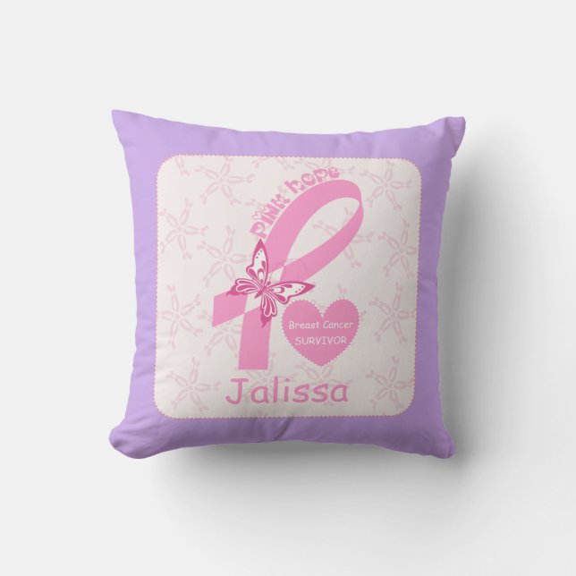 Rosa Ribbon Bröstcancer överlevande & lila gräns Kudde (Framsida)