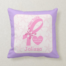 Rosa Ribbon Bröstcancer överlevande & lila gräns Kudde