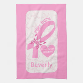 Rosa Ribbon Bröstcancer överlevande & rosa gräns Kökshandduk