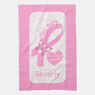 Rosa Ribbon Bröstcancer överlevande & rosa gräns Kökshandduk