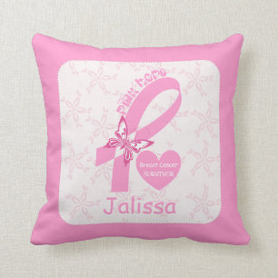 Rosa Ribbon Bröstcancer överlevande & rosa gräns Kudde