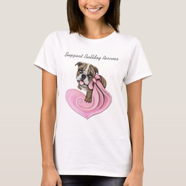 Rosa Ribbon Bulldog Puppy Sample Charity Shirts Tee (Framsida)