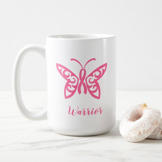 Rosa Ribbon Butterfly Breast Cancer Warrior Kaffemugg (Med munk)
