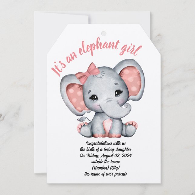 Rosa Ribbon Elephant Girl Birthday Card (Framsida)
