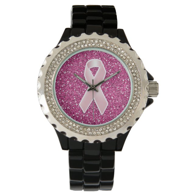 Rosa Ribbon & Faux Glitter Armbandsur (Framsida)