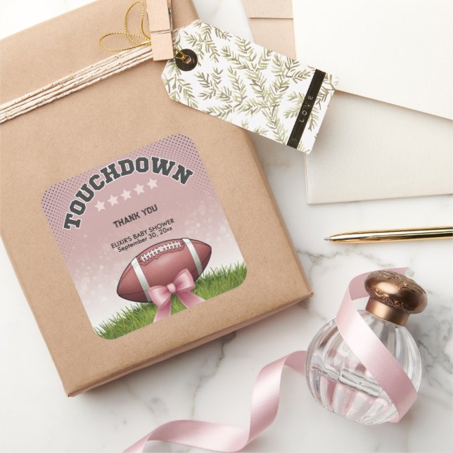 Rosa Ribbon Football Touchdown Baby Shower Fyrkantigt Klistermärke (Gifting)