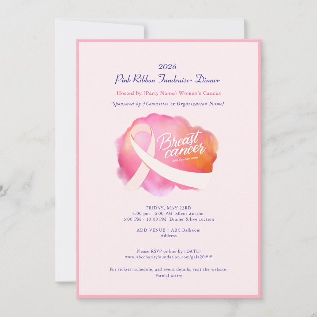 Rosa Ribbon Formal Cancer Awareness Fundraiser Inbjudningar (Framsida)