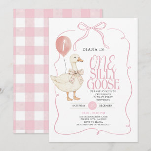 ROSA Ribbon Gingham Ett Fånig Goose Birthday Inbjudningar