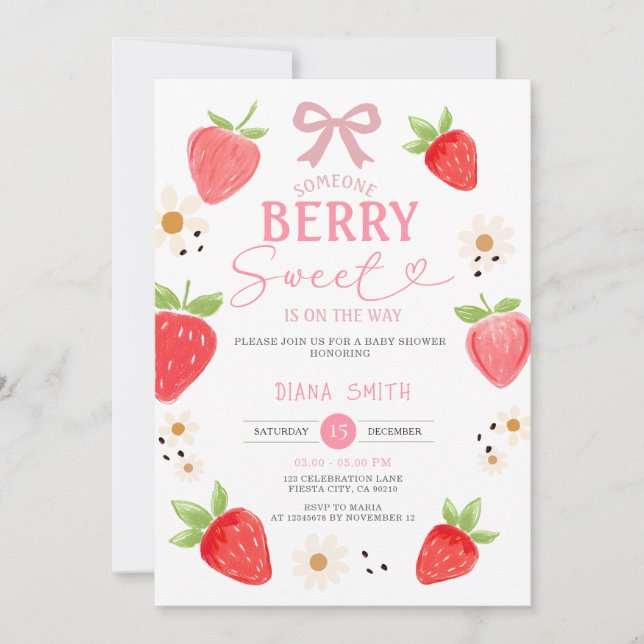 ROSA Ribbon Gingham Strawberry Baby Shower Inbjudningar (Framsida)