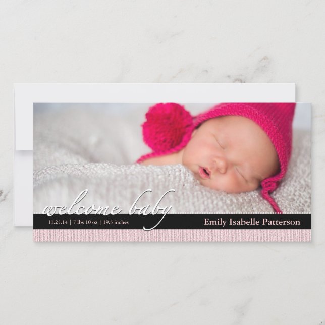 Rosa Ribbon Girl Baby Birth Announement Photocard Meddelande (Framsida)