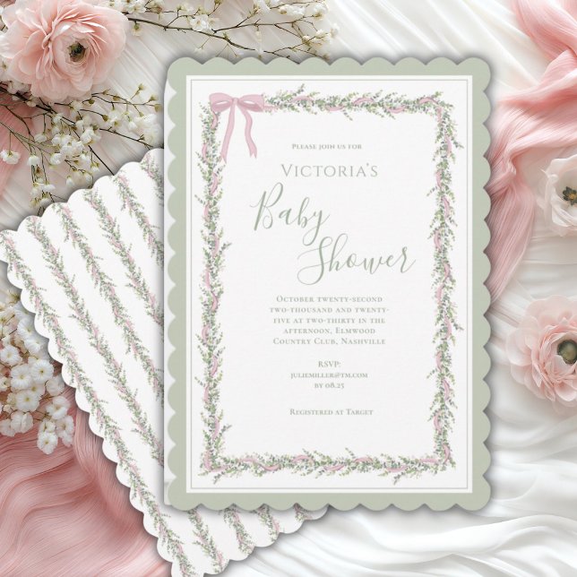 Rosa Ribbon Greenery Elegant Baby Shower Inbjudningar (Skapare uppladdad)