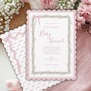 Rosa Ribbon Greenery Elegant Baby Shower Inbjudningar