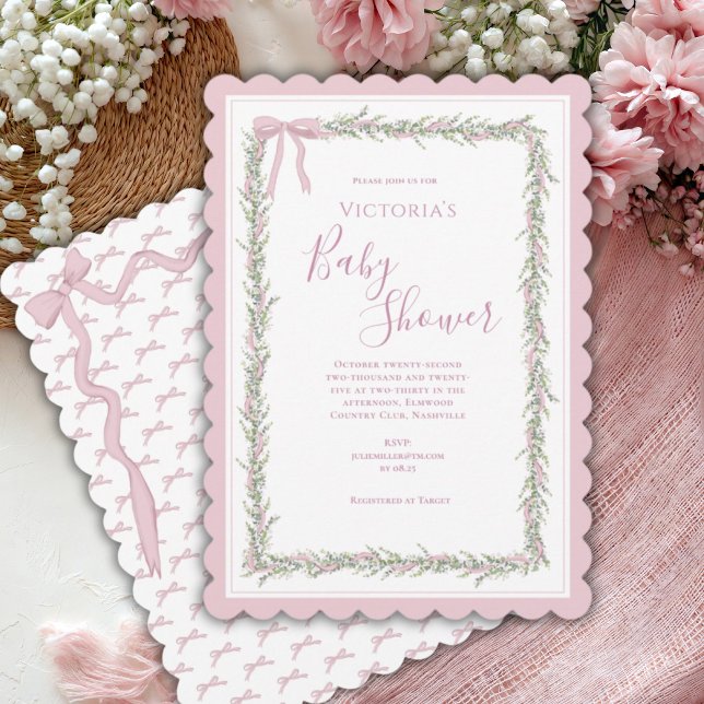 Rosa Ribbon Greenery Elegant Baby Shower Inbjudningar (Skapare uppladdad)