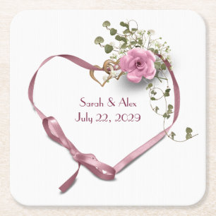 Rosa Ribbon Heart med Ro Underlägg Papper Kvadrat