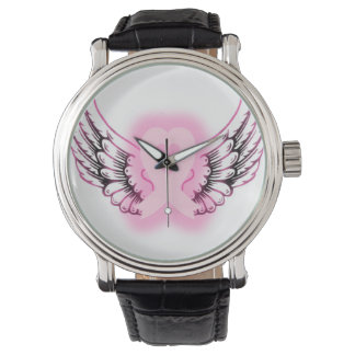 Rosa Ribbon Heart Vingar Watch/black Armbandsur