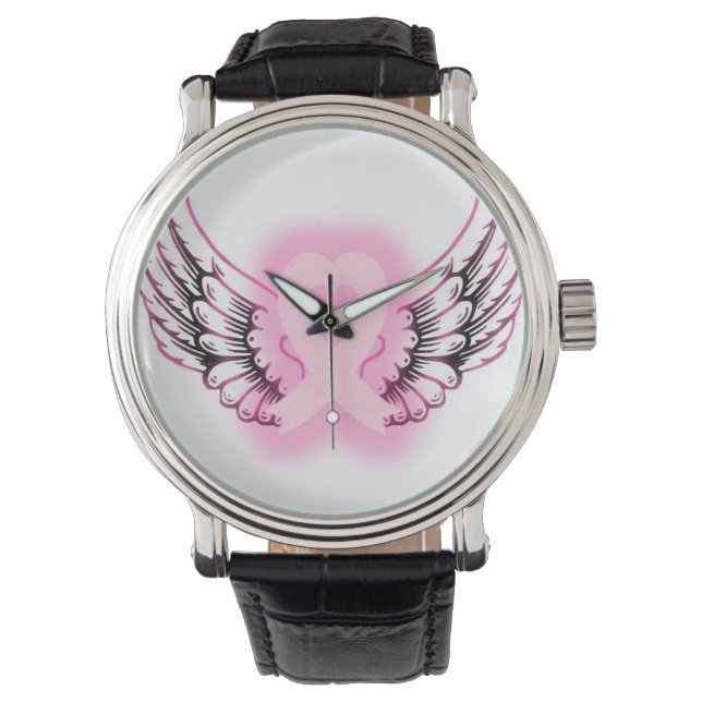 Rosa Ribbon Heart Vingar Watch/black Armbandsur (Framsida)