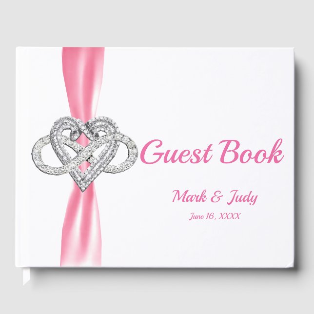 Rosa Ribbon Infinity Heart Bröllop Guestbook Gästböcker (Framsida)