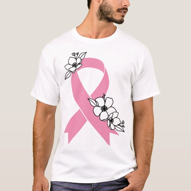 Rosa Ribbon med Blommar T-Shirt (Framsida)