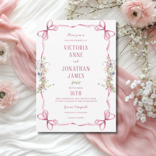 Rosa Ribbon Ram Blommigt Whimsical Bröllop Inbjudningar
