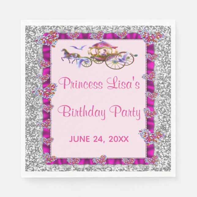 Rosa Ribbon Silver Glitter Royal Princess Birthday Pappersservett (Framsidan)