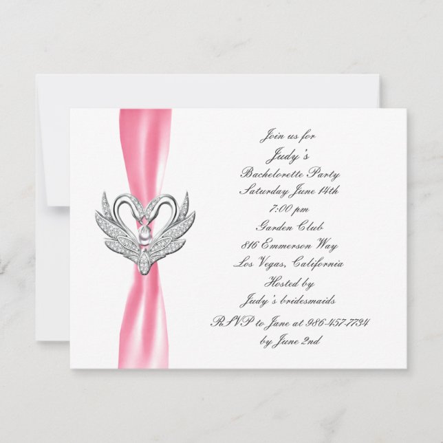 Rosa Ribbon Silver Svanar Bachelorette Party Inbju Inbjudningar (Framsida)