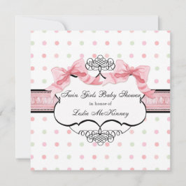Rosa Ribbon Twin Girls Fransk Bow Dot Swirl Inbjudningar